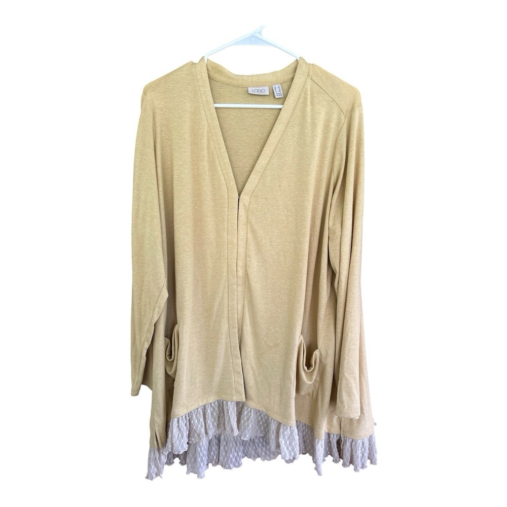 LOGO Lori Goldstein Sweater Knit Cardigan Embroidered Lace 1X Yellow Cottagecore